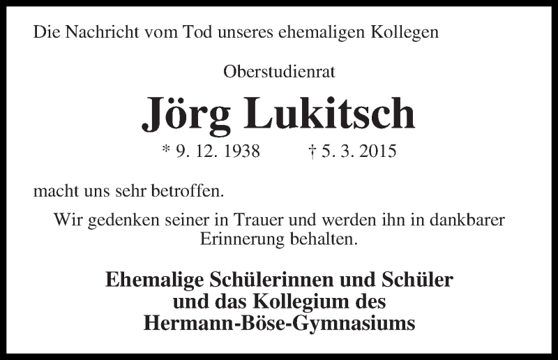 Traueranzeige von Jörg Lukitsch von WESER-KURIER