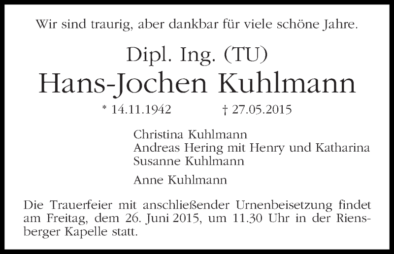 Traueranzeige von Hans-Jochen Kuhlmann von WESER-KURIER