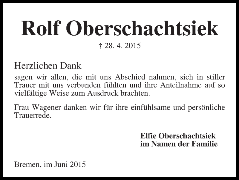 Traueranzeige von Rolf Oberschachtsiek von WESER-KURIER