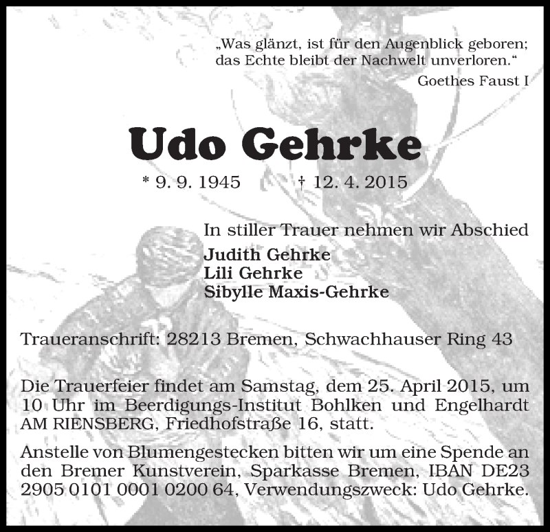 Traueranzeige von Udo Gehrke von WESER-KURIER