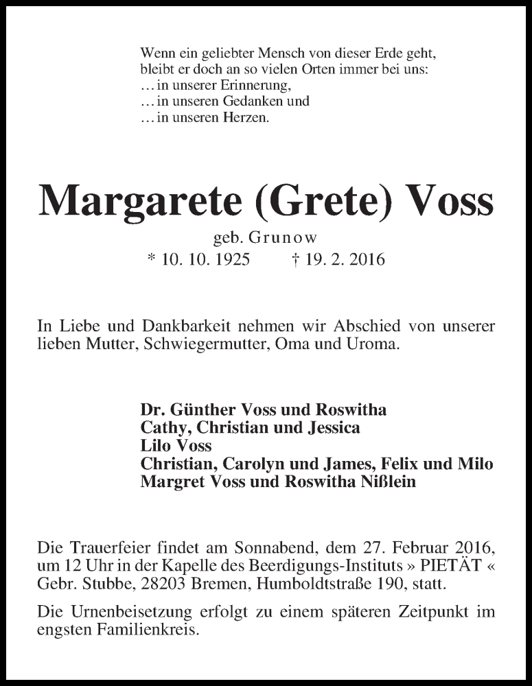 Traueranzeige von Margarete (Grete) Voss von WESER-KURIER