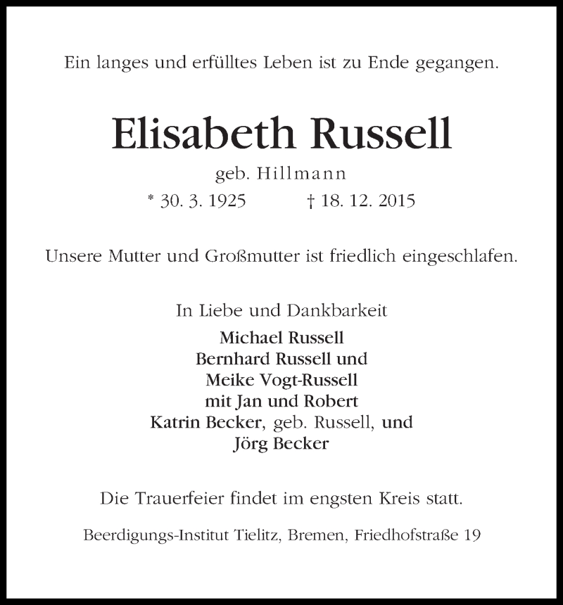 Traueranzeige von Elisabeth Russell von WESER-KURIER