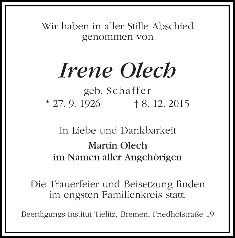 Traueranzeige von Irene Olech von WESER-KURIER