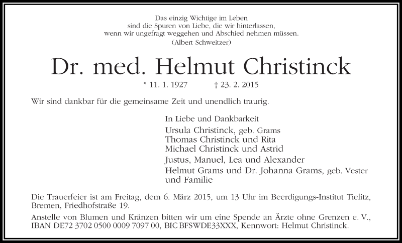 Traueranzeige von Helmut Christinck von WESER-KURIER