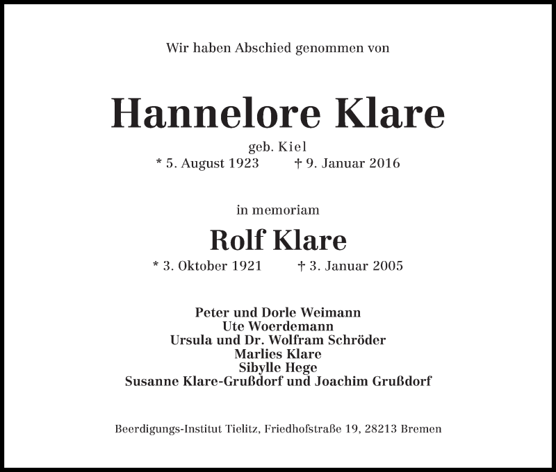 Traueranzeige von Hannelore und Rolf Klare von WESER-KURIER