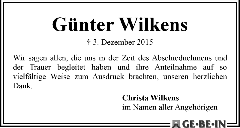Traueranzeige von Günter Wilkens von WESER-KURIER