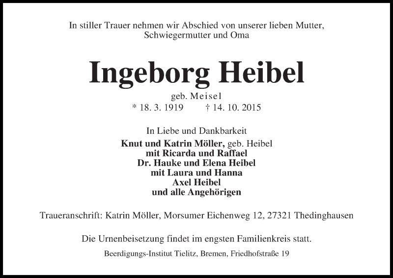Traueranzeige von Ingeborg Heibel von WESER-KURIER