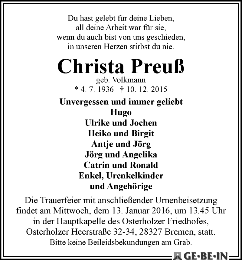 Traueranzeige von Christa Preuß von WESER-KURIER
