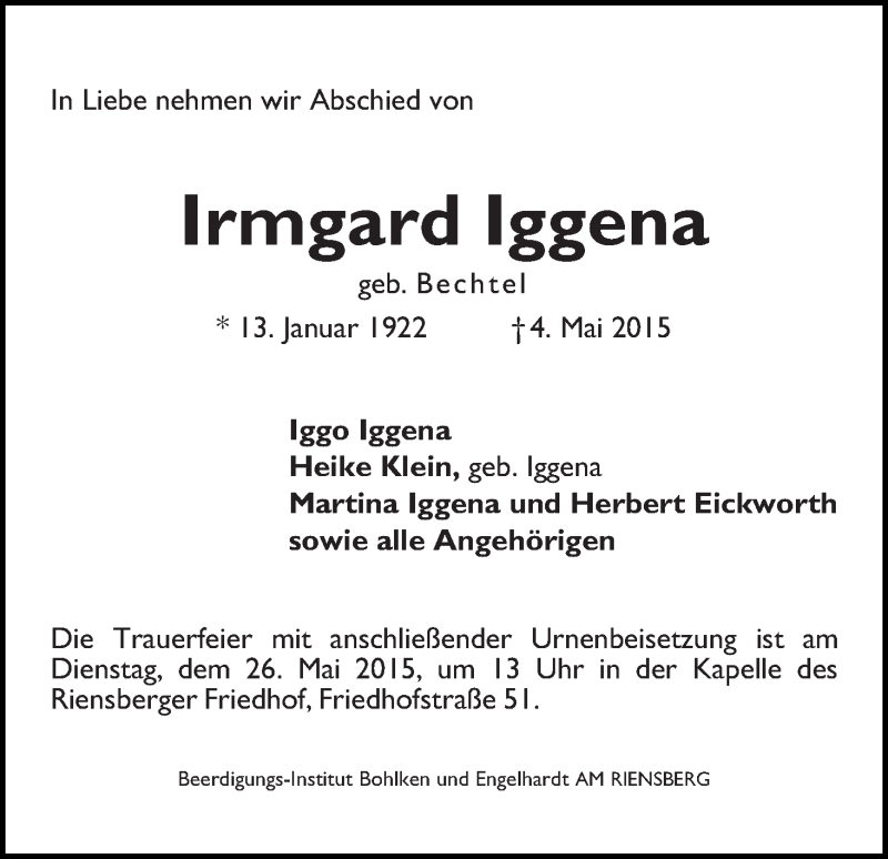 Traueranzeige von Irmgard Iggena von WESER-KURIER