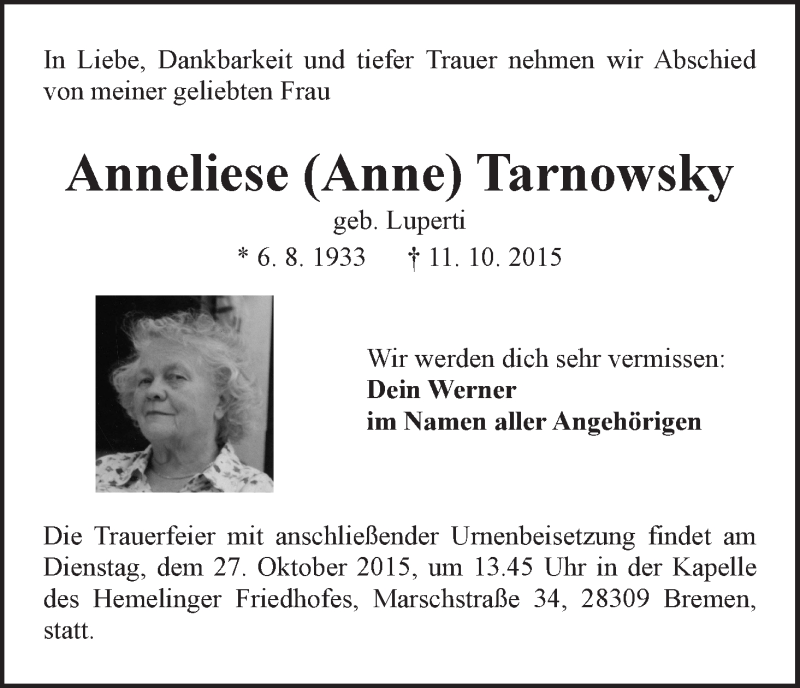 Traueranzeige von Anneliese Tarnowsky von WESER-KURIER