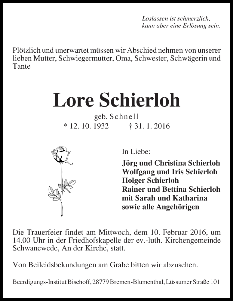 Traueranzeige von Lore Schierloh von Die Norddeutsche