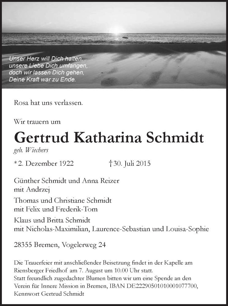 Traueranzeige von Gertrud Katharina Schmidt von WESER-KURIER
