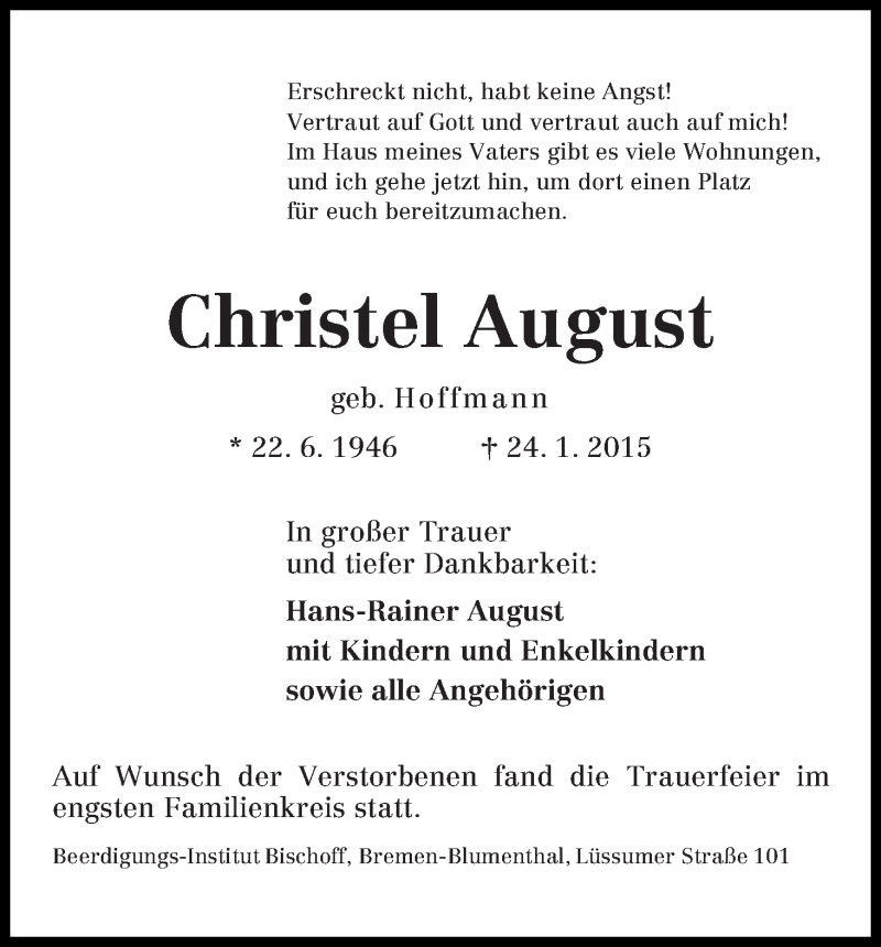 Traueranzeige von Christel August von Die Norddeutsche