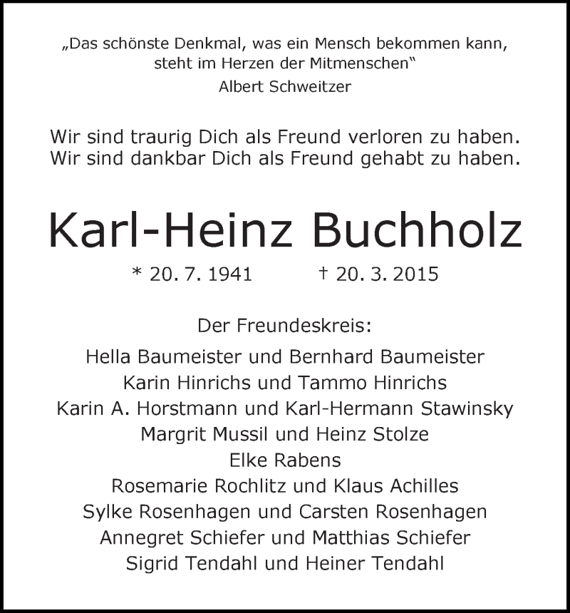 Traueranzeige von Karl-Heinz Buchholz von WESER-KURIER