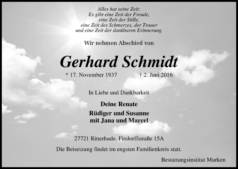 Traueranzeige von Gerhard Schmidt von Osterholzer Kreisblatt