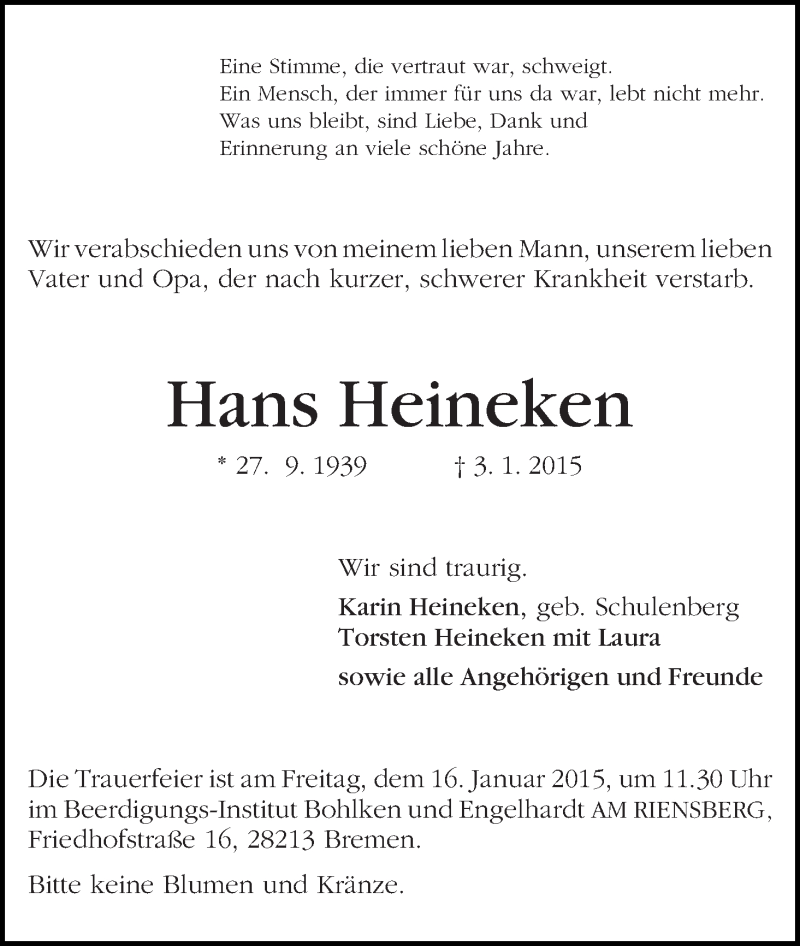 Traueranzeige von Hans Heineken von WESER-KURIER