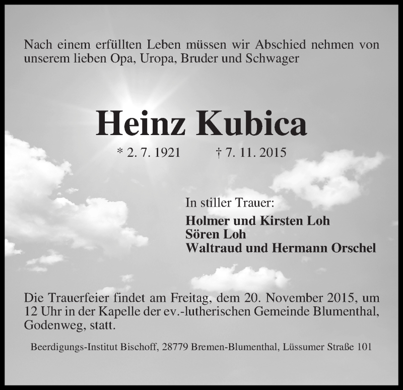 Traueranzeige von Heinz Kubica von Die Norddeutsche