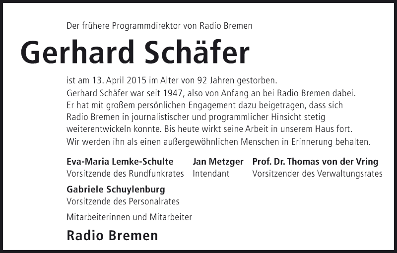 Traueranzeige von Gerhard Schäfer von WESER-KURIER