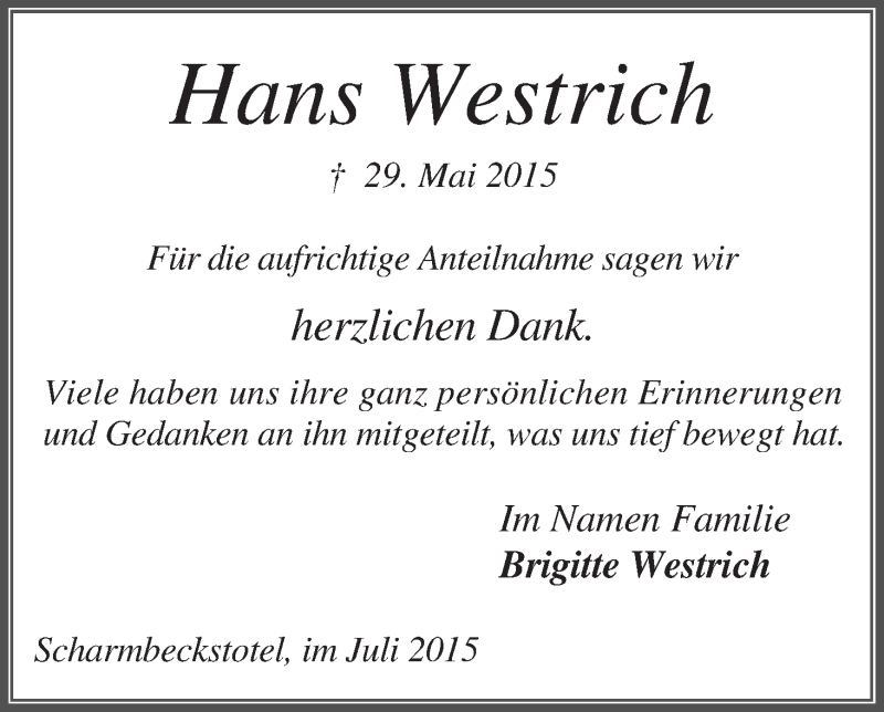 Traueranzeige von Hans Westrich von Osterholzer Kreisblatt