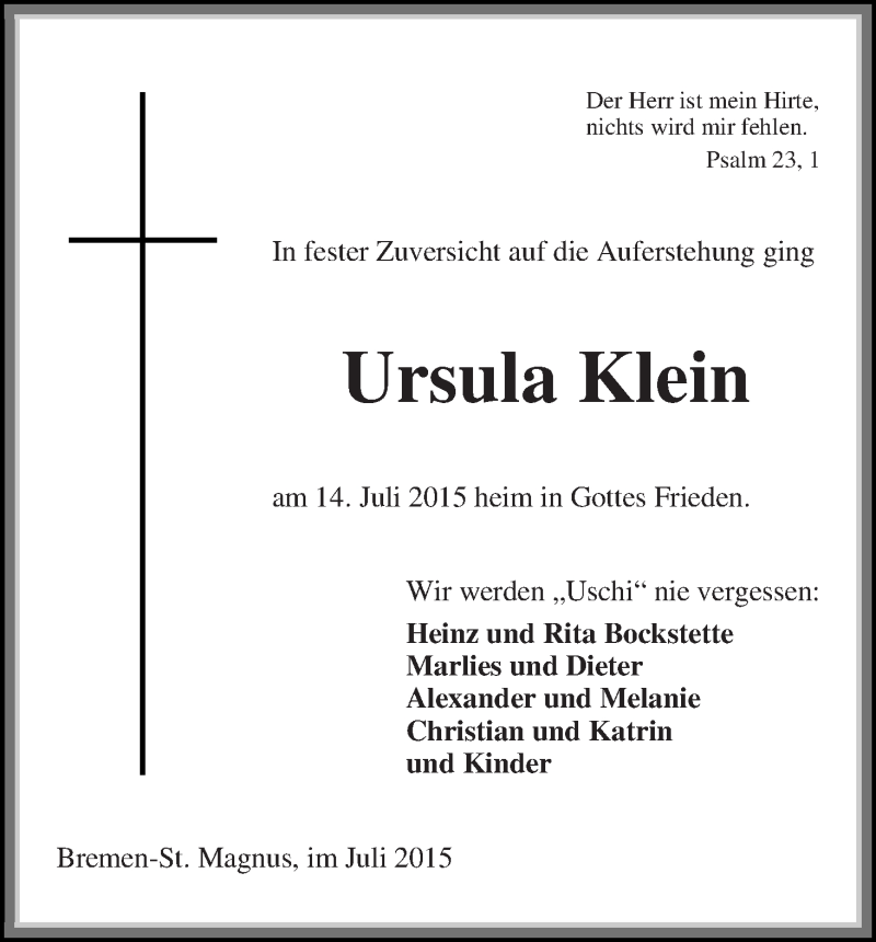 Traueranzeige von Ursula Klein von Die Norddeutsche