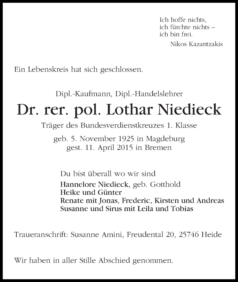 Traueranzeige von Lothar Niedieck von WESER-KURIER
