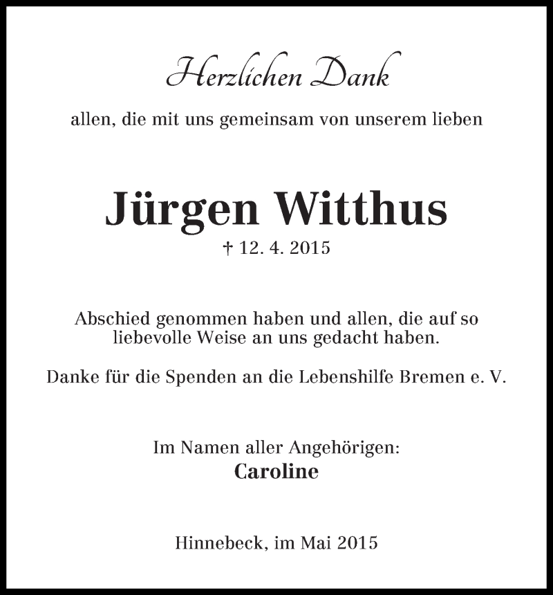 Traueranzeige von Jürgen Witthus von Die Norddeutsche