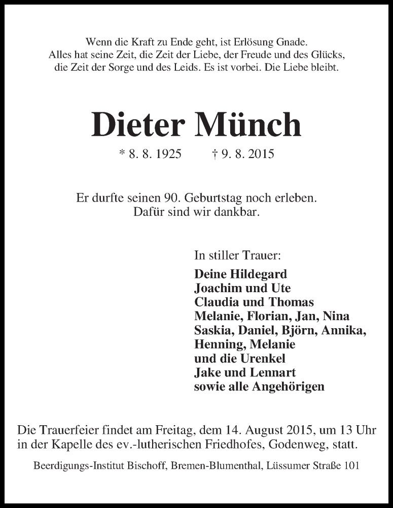 Traueranzeige von Dieter Münch von Die Norddeutsche