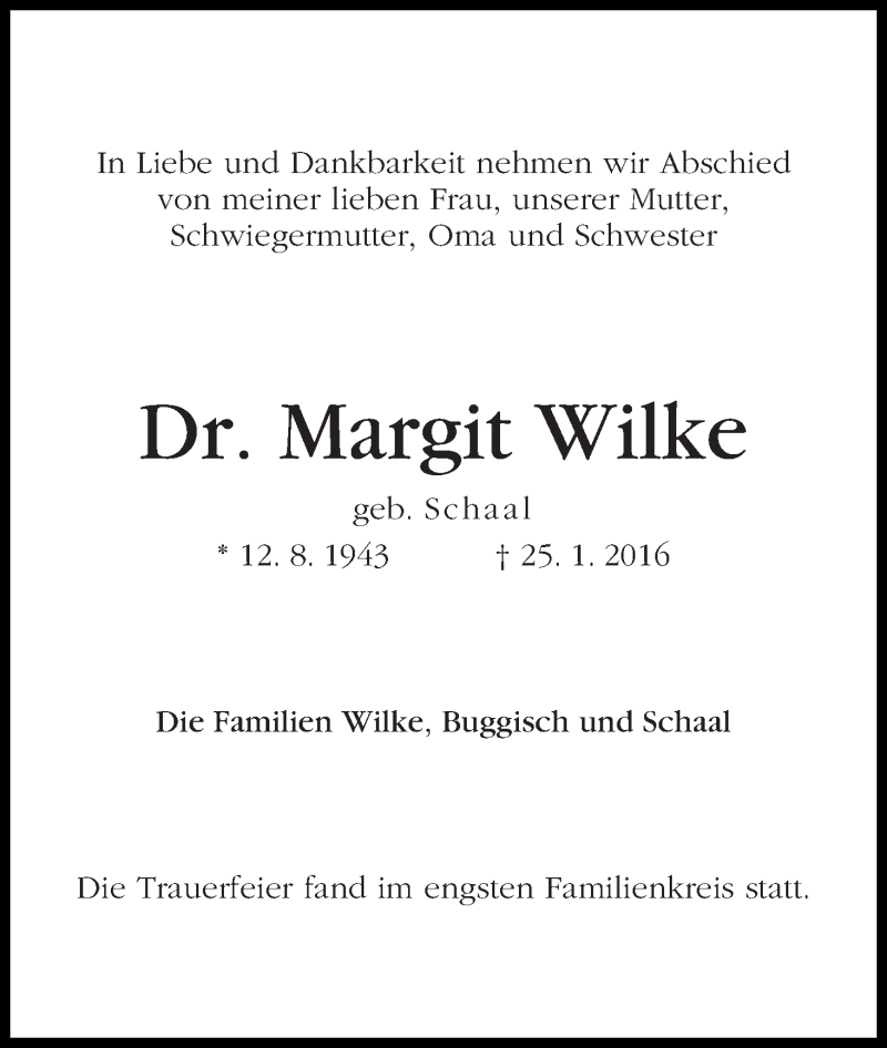 Traueranzeige von Margit Wilke von WESER-KURIER