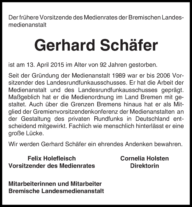 Traueranzeige von Gerhard Schäfer von WESER-KURIER