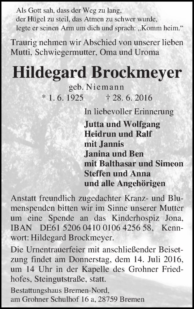 Traueranzeige von Hildegard Brockmeyer von Die Norddeutsche