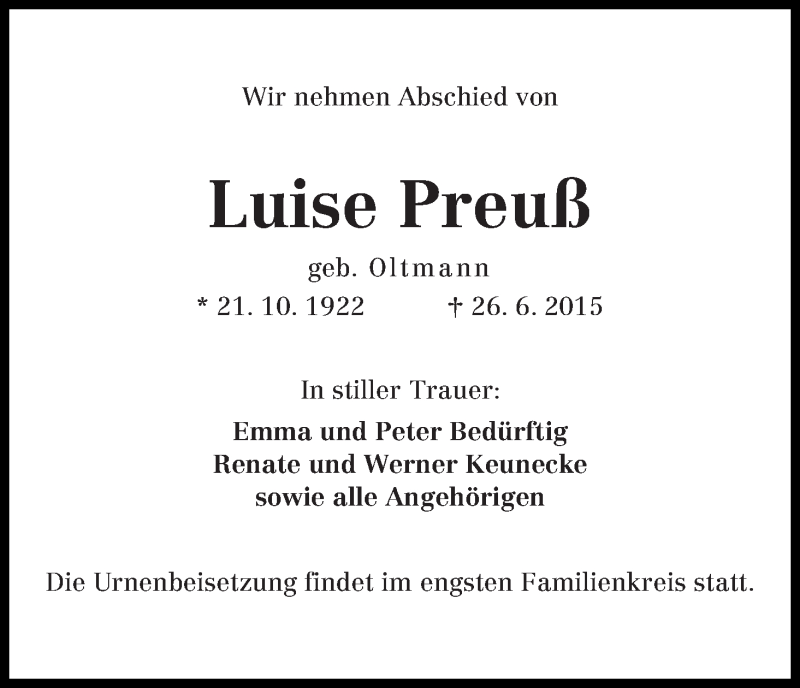 Traueranzeige von Luise Preuß von Die Norddeutsche