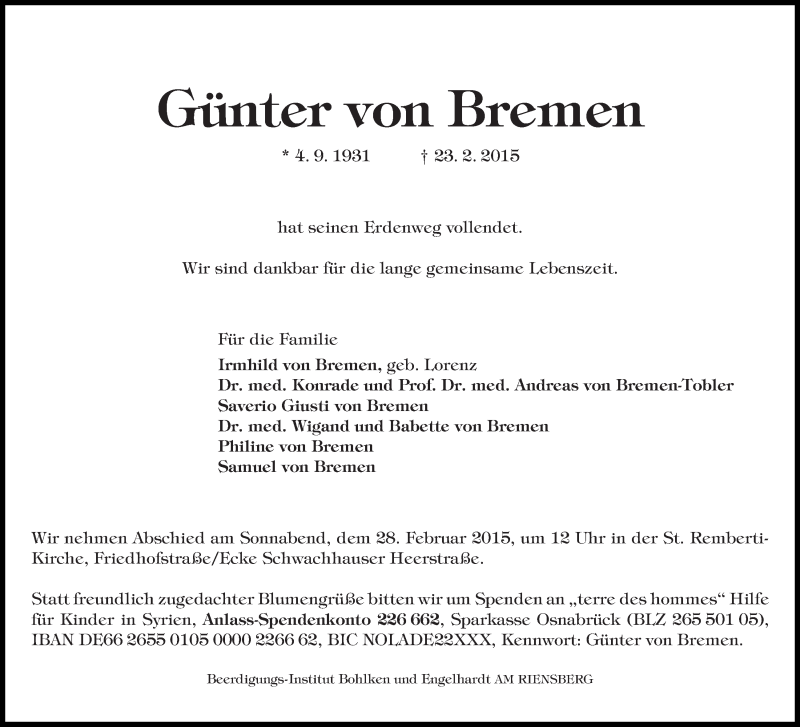 Traueranzeige von Günter von Bremen von WESER-KURIER