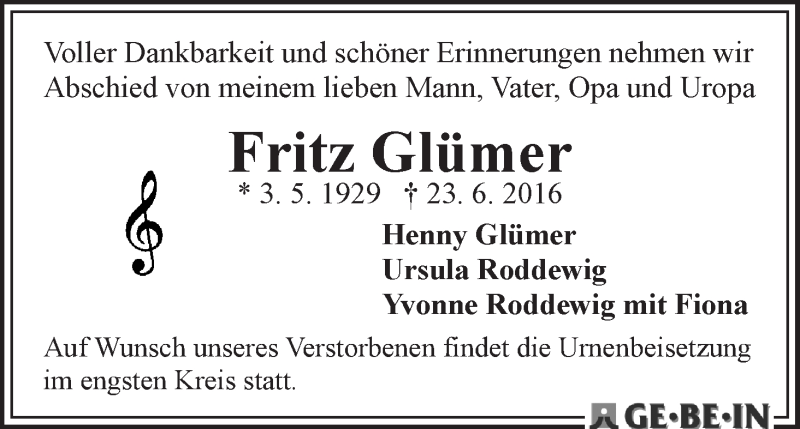 Traueranzeige von Fritz Glümer von WESER-KURIER