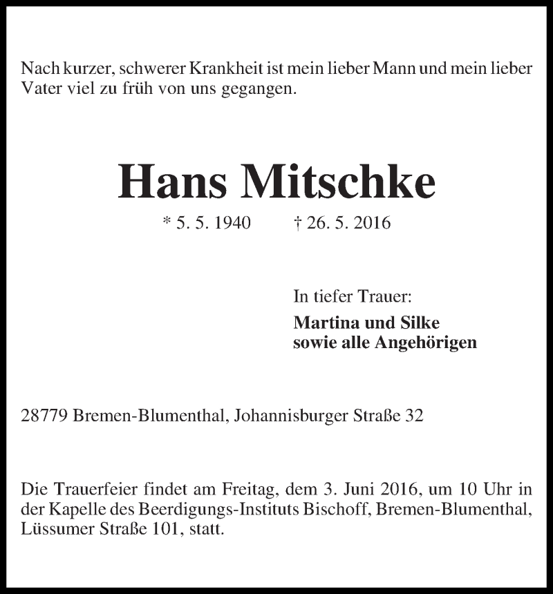 Traueranzeige von Hans Mitschke von Die Norddeutsche