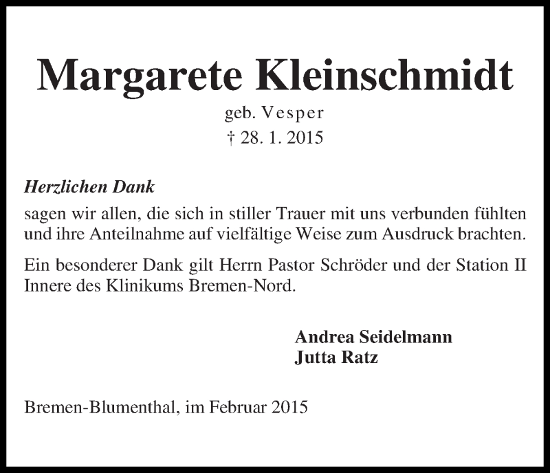 Traueranzeige von Margarete Kleinschmidt von Die Norddeutsche