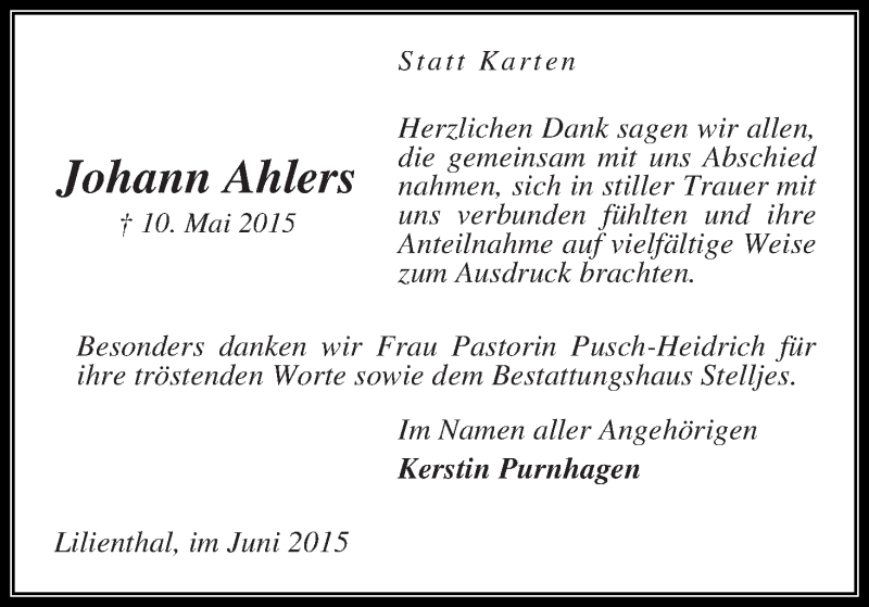 Traueranzeige von Johann Ahlers von Osterholzer Kreisblatt