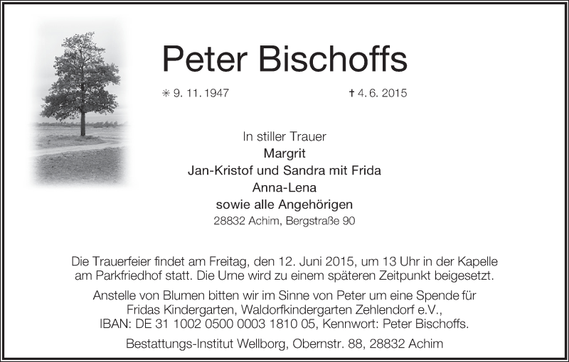 Traueranzeige von Peter Bischoffs von Achimer Kurier/Verdener Nachrichten