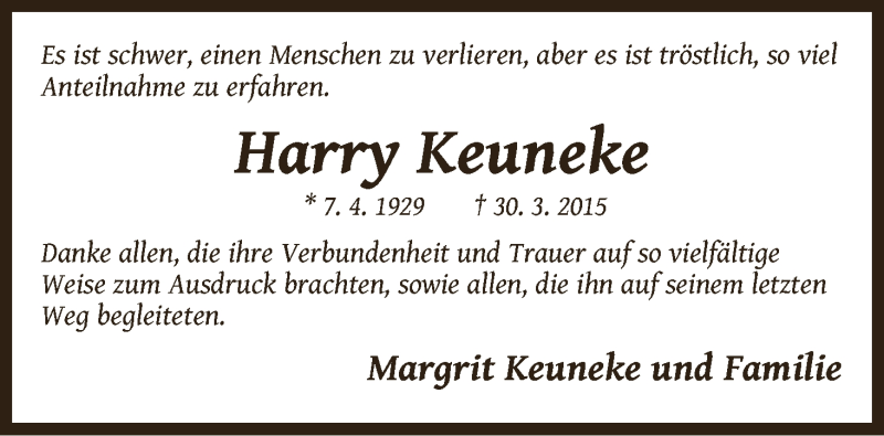 Traueranzeige von Harry Keuneke von Die Norddeutsche