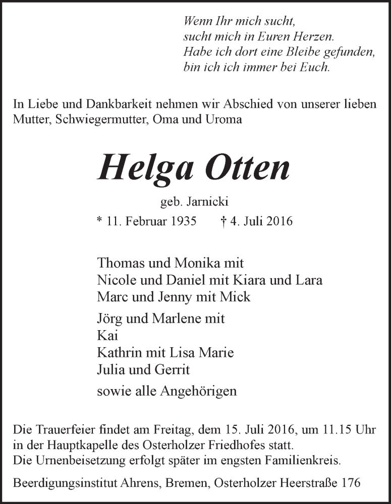 Traueranzeige von Helga Otten von WESER-KURIER