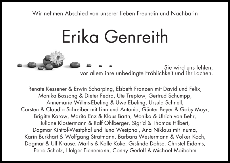 Traueranzeige von Erika Genreith von WESER-KURIER
