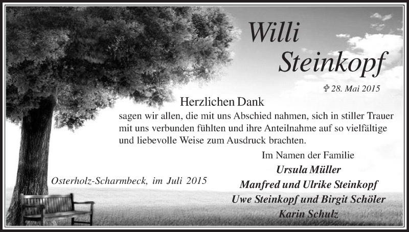 Traueranzeige von Willi Steinkopf von Osterholzer Kreisblatt