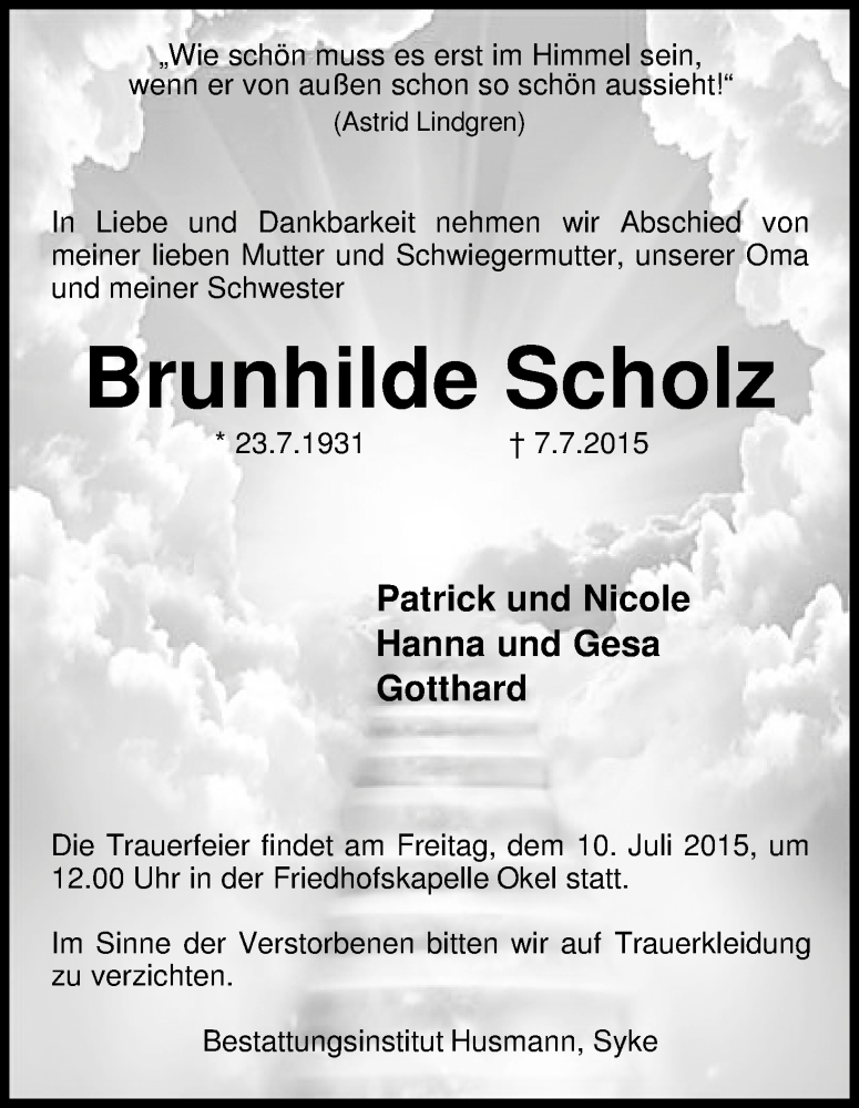 Traueranzeige von Brunhilde Scholz von WESER-KURIER