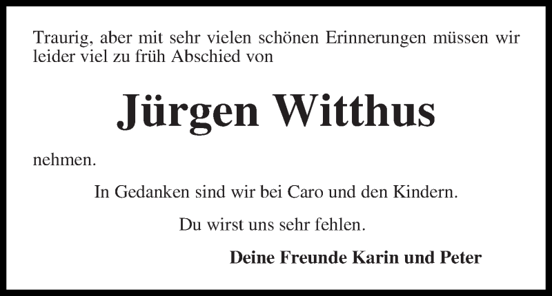 Traueranzeige von Jürgen Witthus von Die Norddeutsche