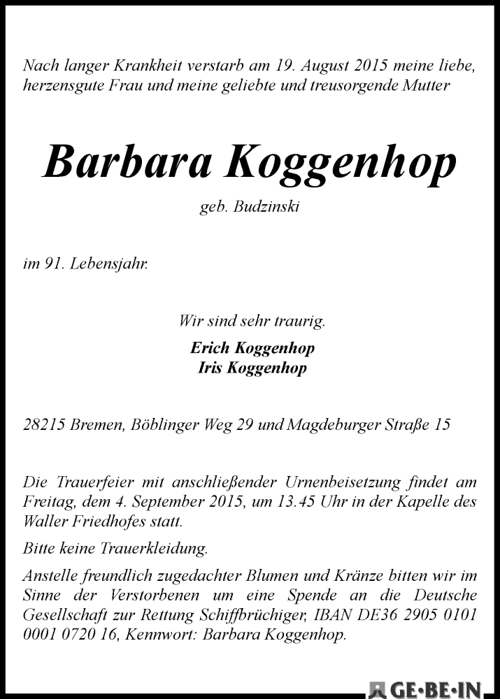 Traueranzeige von Barbara Koggenhop von WESER-KURIER