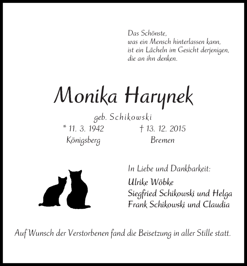 Traueranzeige von Monika Harynek von Die Norddeutsche
