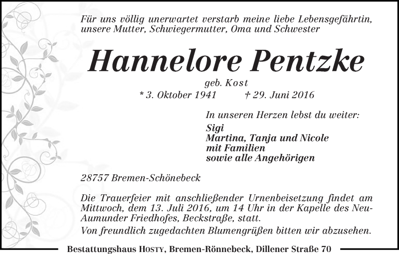 Traueranzeige von Hannelore Pentzke von Die Norddeutsche