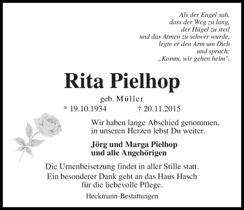Traueranzeige von Rita Pielhop von WESER-KURIER