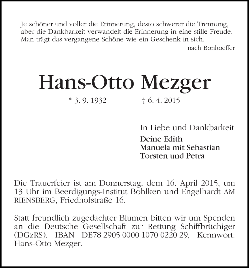 Traueranzeige von Hans-Otto Mezger von WESER-KURIER