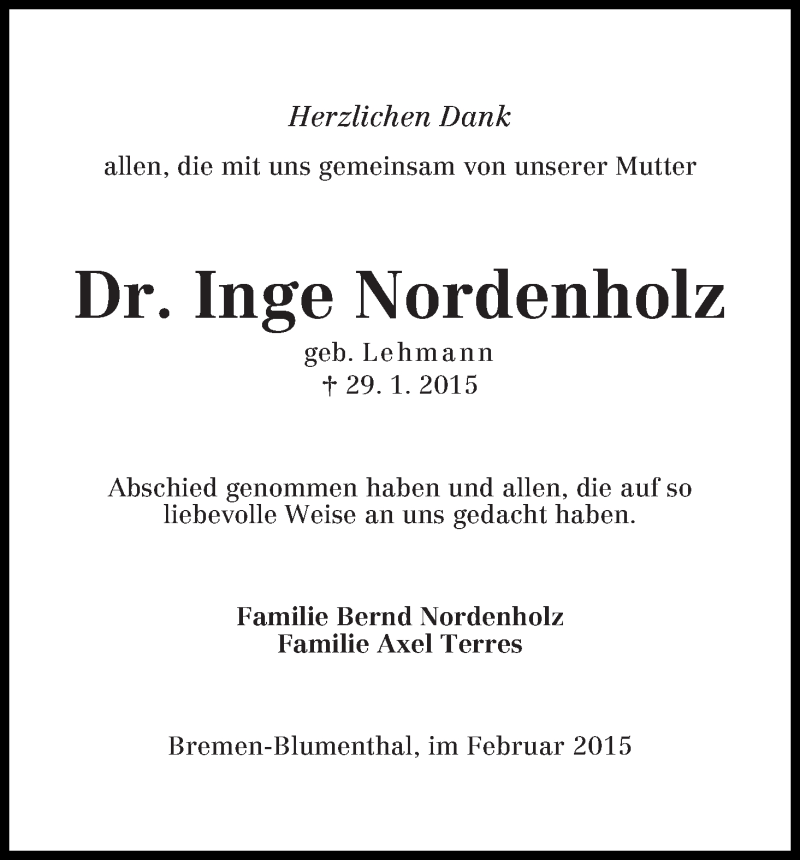 Traueranzeige von Dr. Inge Nordenholz von Die Norddeutsche