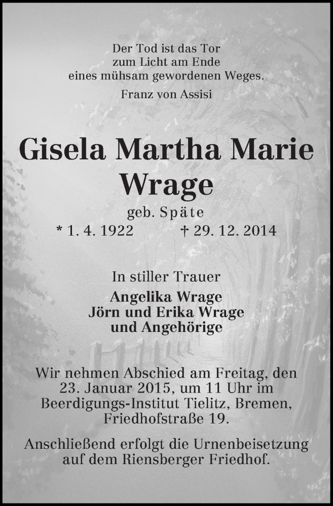 Traueranzeige von Gisela Martha Marie Wrage von WESER-KURIER